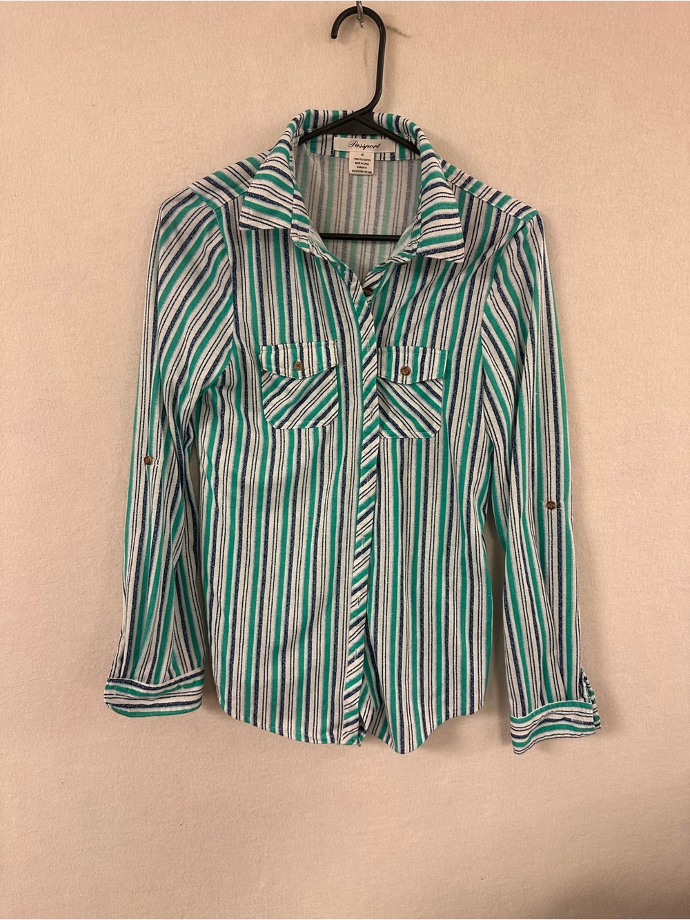 Passport Button Up Shirt Green Blue Stripes Long sleeve Cotton Blend Medium